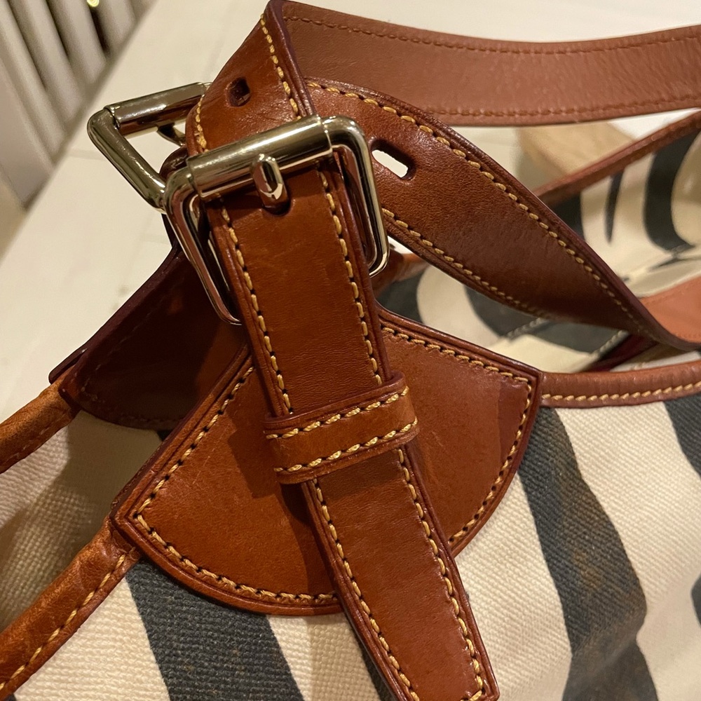 Dooney & Bourke Cream and Black Striped Canvas Tote with Brown Leather Trim - Picture 10 of 10